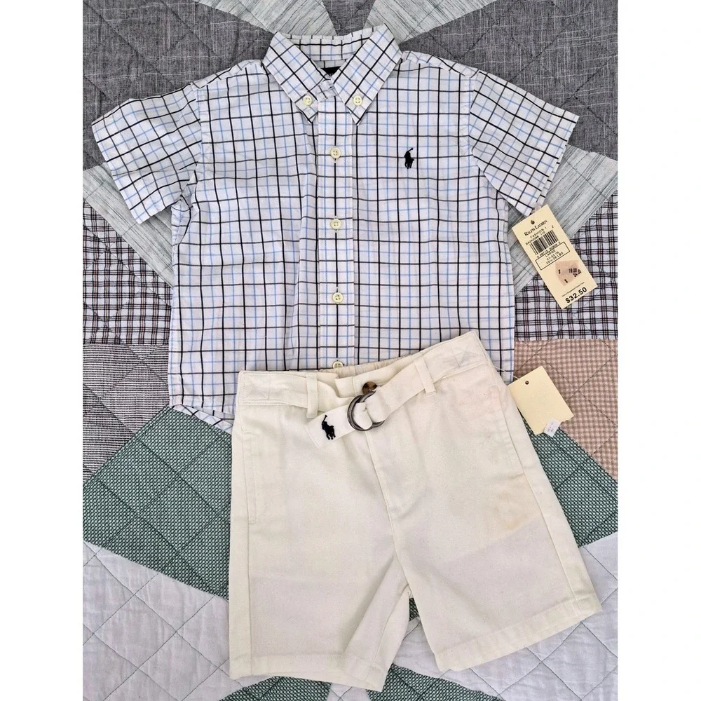 NWT Polo Ralph Lauren Boys Plaid Button Down Shirt & Belted Shorts 2-Pc Set 24M